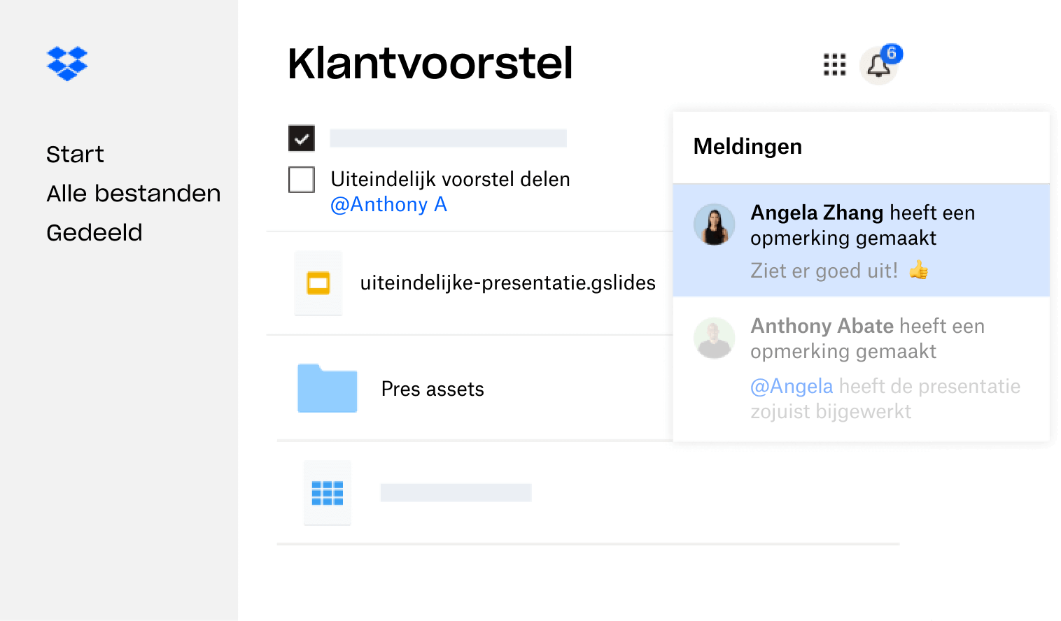Een klantvoorstel gemaakt in Dropbox wordt gedeeld met meerdere gebruikers die feedback hebben gegeven.
