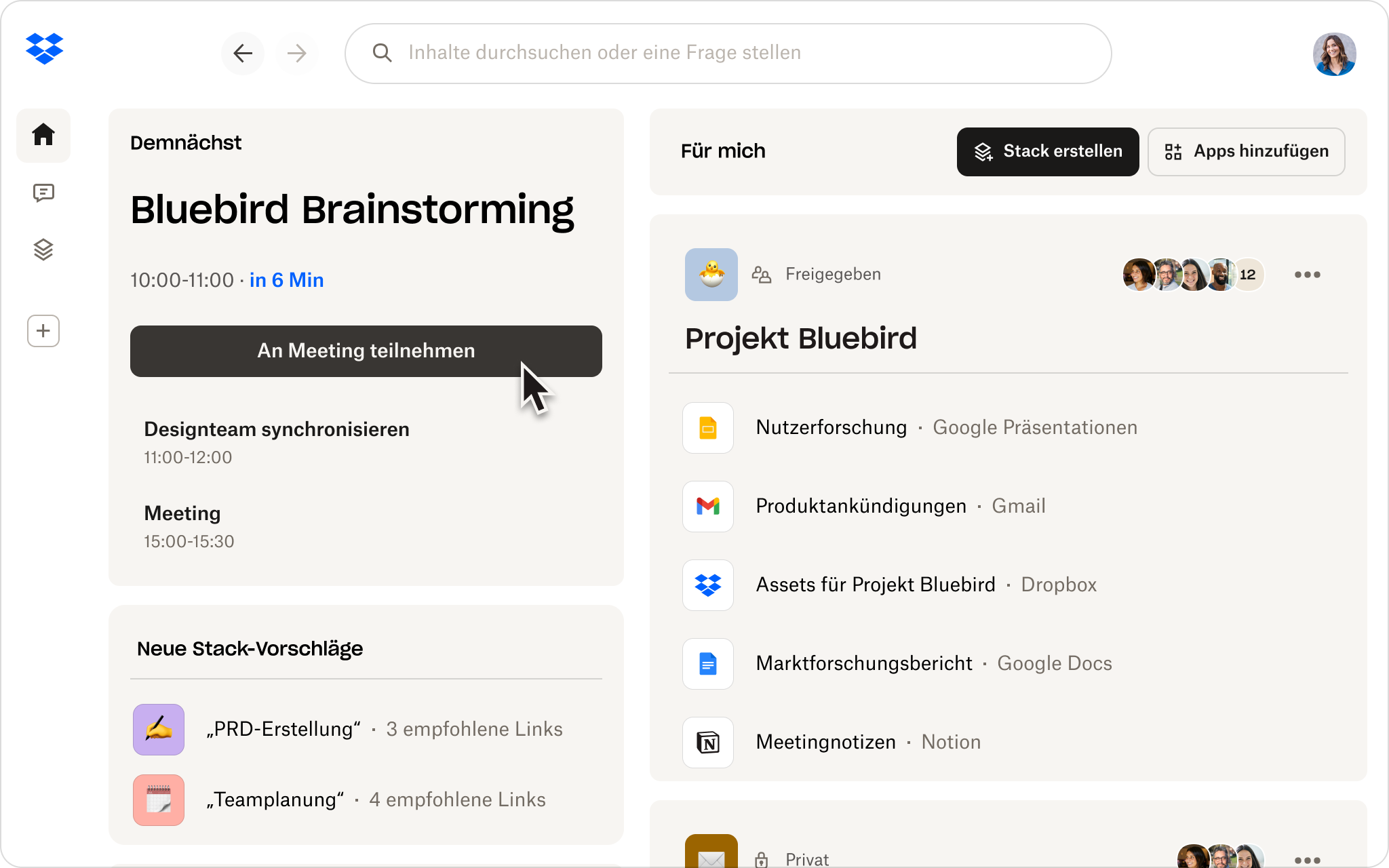 Startbildschirm der Betaversion von Dropbox Dash