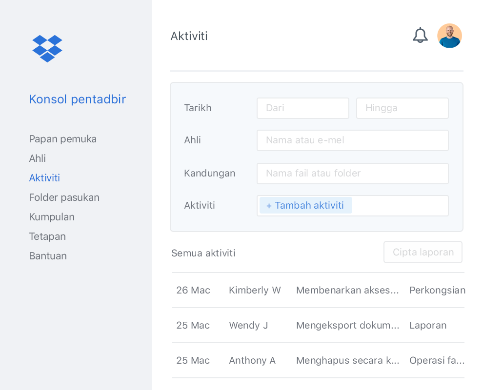 Konsol pentadbir Dropbox dengan contoh senarai aktiviti kolaborator dalam pasukan Dropbox.
