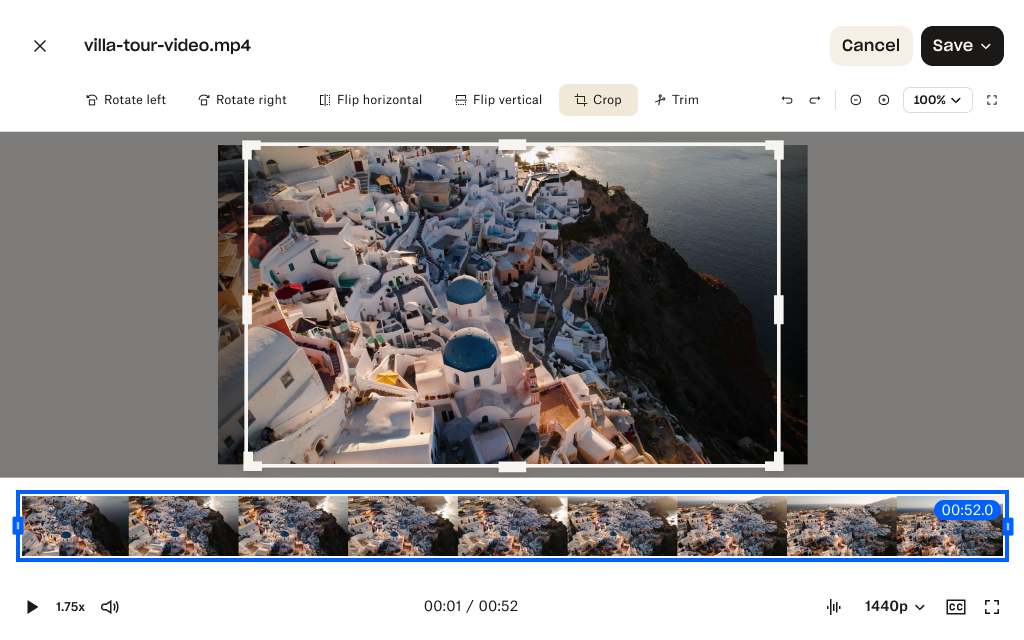 Visuelle Darstellung des Tools für das Zuschneiden von Videos im Dropbox Online-Video-Editor.