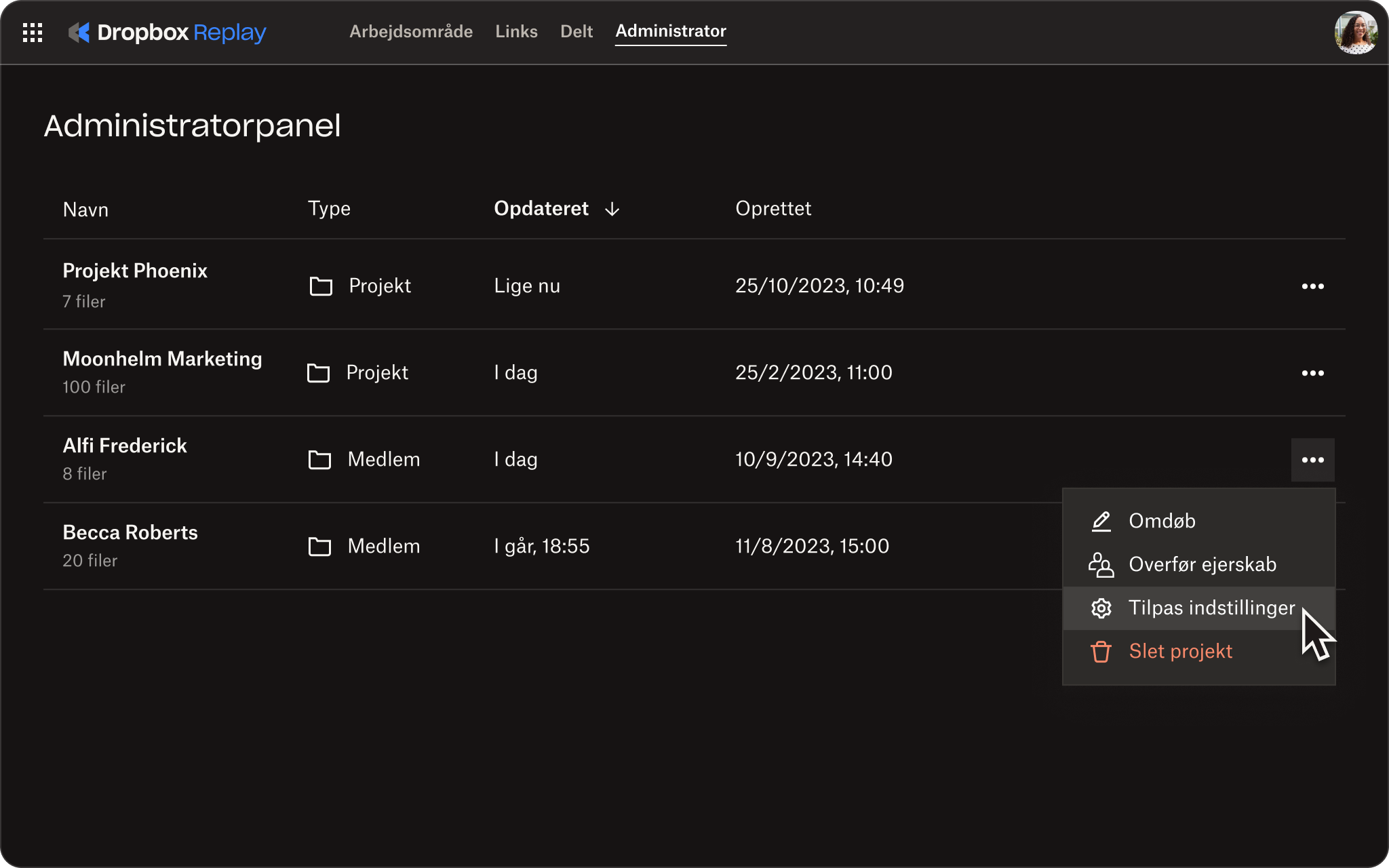 Skærmbillede af Dropbox-administratorpanelet