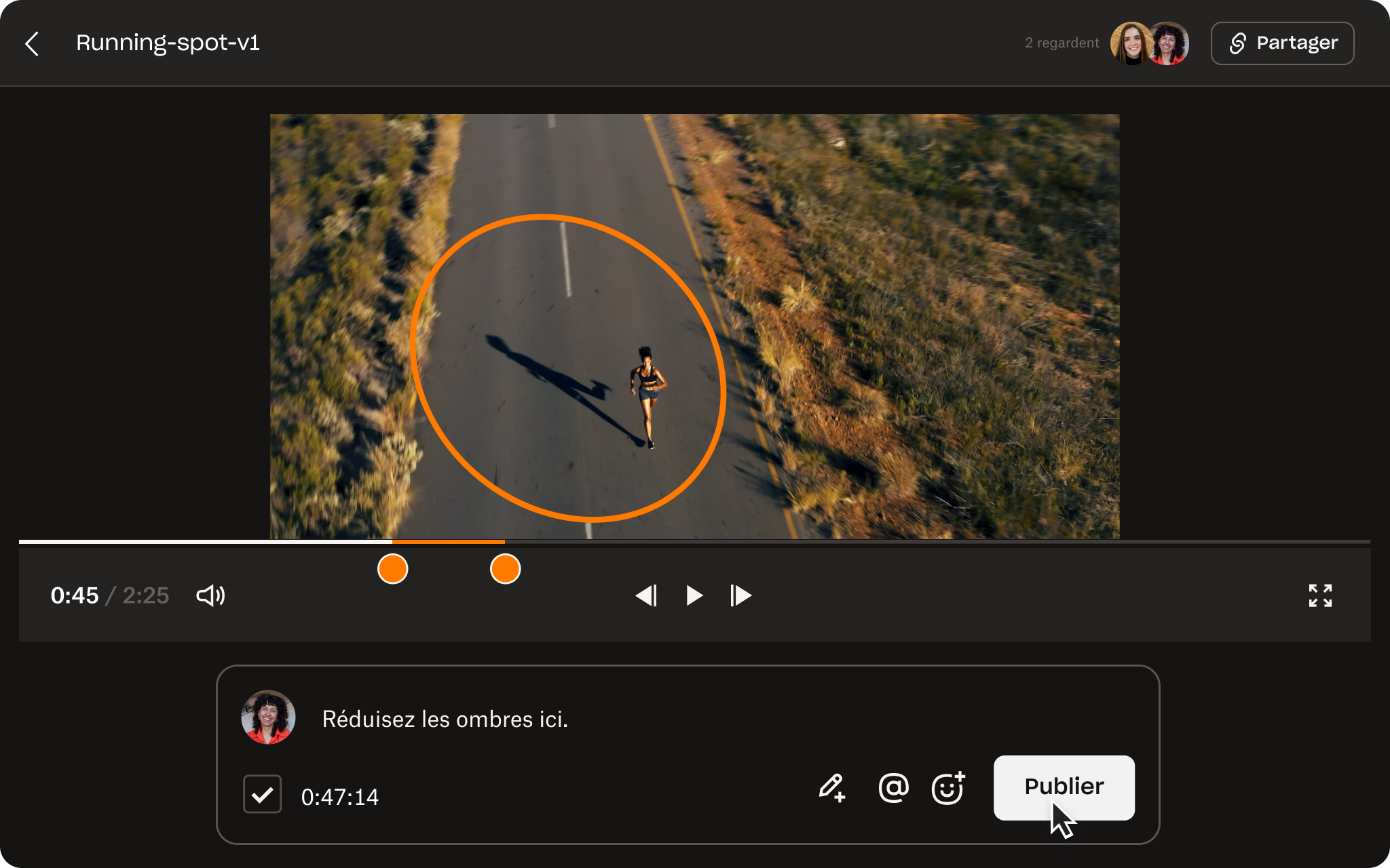 Animation montrant la modification d’une vidéo et l’ajout d’une annotation et d’un commentaire dans Replay