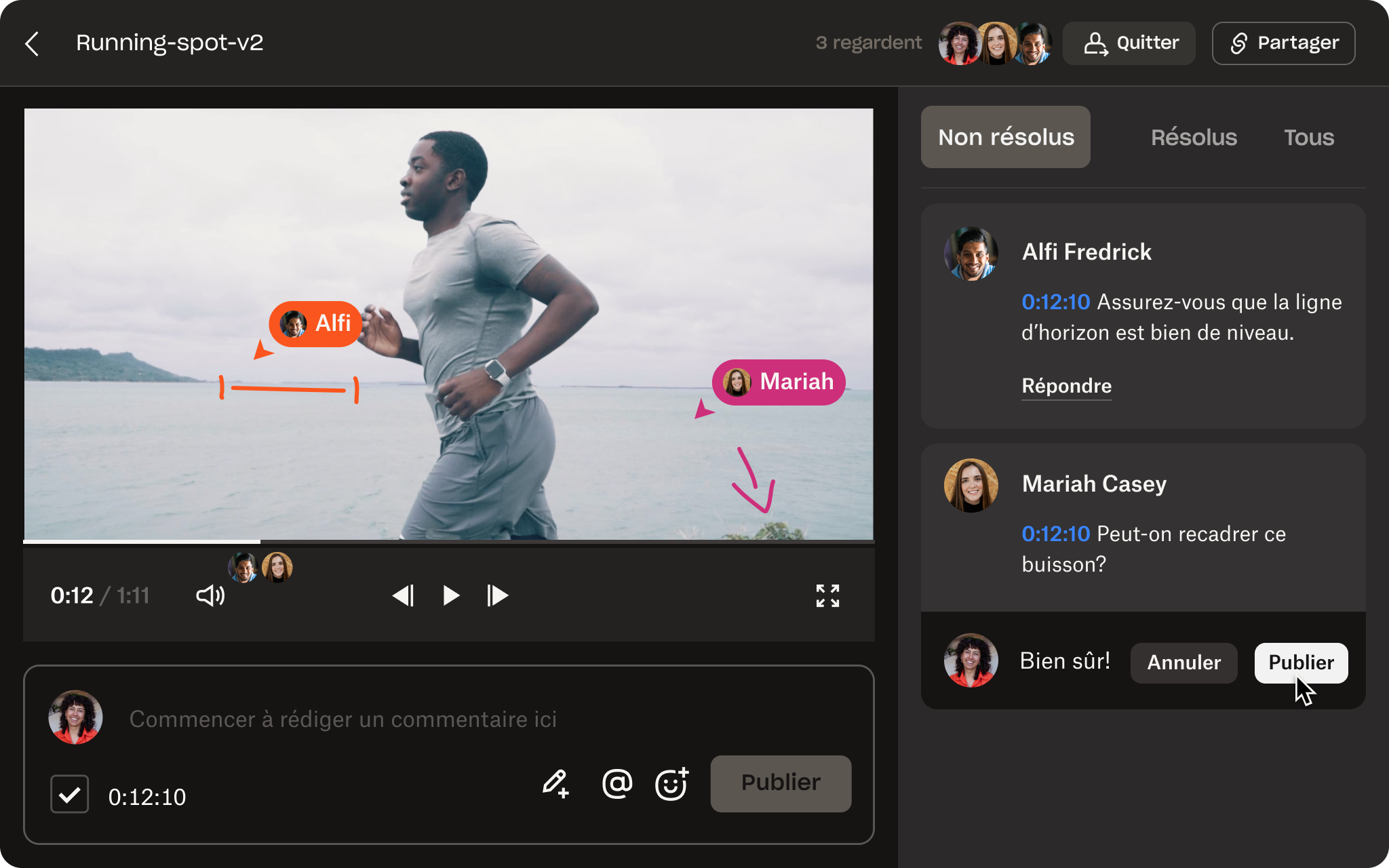Animation montrant la collaboration sur une vidéo et la révision de cette dernière dans Replay